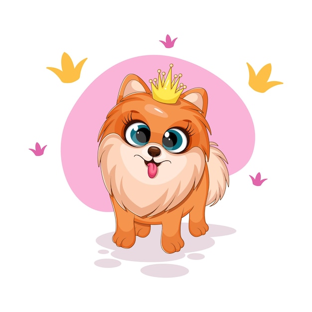 Kreskówka i zabawny pies mała księżniczka szpic pomorski z koroną
