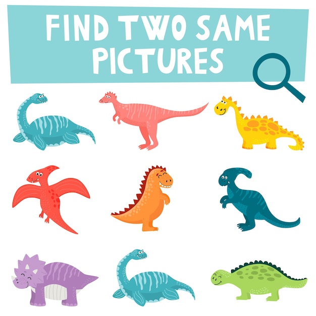 Kreskówka Ilustracja Znalezienia Dwóch Takich Samych Zdjęć Gra Edukacyjna Dla Dzieci Z Zabawnymi Dinozaurami