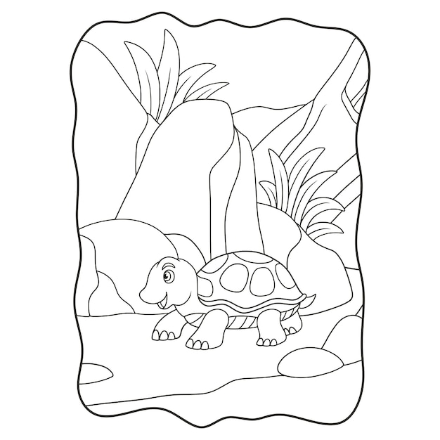 Kreskówka Ilustracja żółwia Spacerującego Po środku Lasu W Pobliżu Skał W Dziennej Książce Lub Stronie Dla Dzieci Czarno-białe