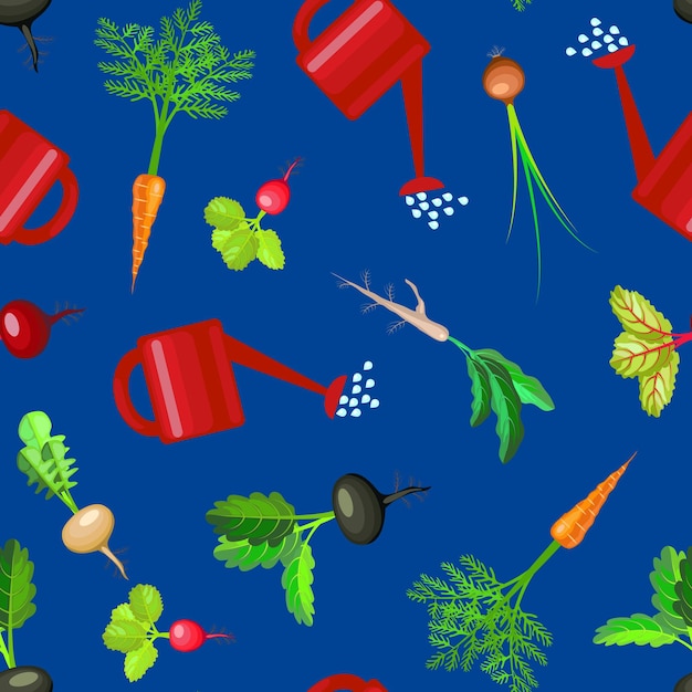 Kreskówka, Kolorowa, świeża żywność Ekologiczna, łóżko Warzywne, Bezszwowy Wzór Tła, Koncepcja Płaska Konstrukcja. Ilustracja Wektorowa Naturalnego Rolnictwa
