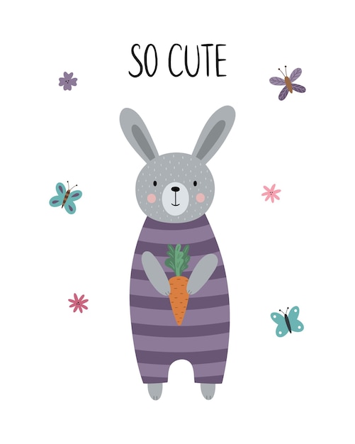Plik wektorowy kreskówka królik trzymający marchewkę śmieszny plakat dla dzieci