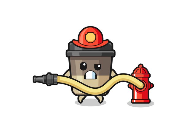 Plik wektorowy kreskówka kubek kawy jako maskotka strażaka z wężem wodnym