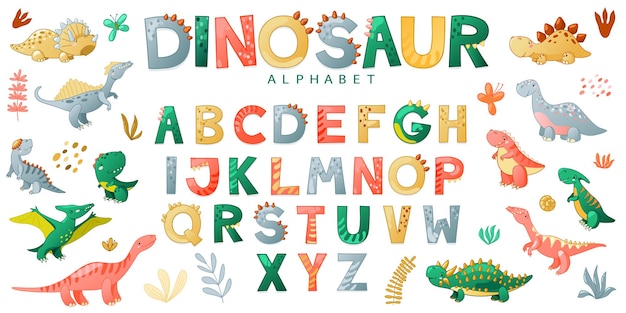 Kreskówka ładny Alfabet Dino Na Białym Tle Typografia Dzieci