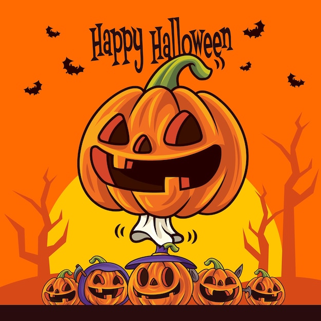 Kreskówka ładny duch dyni Jack O Lantern z grupą małych dyni na tle księżyca