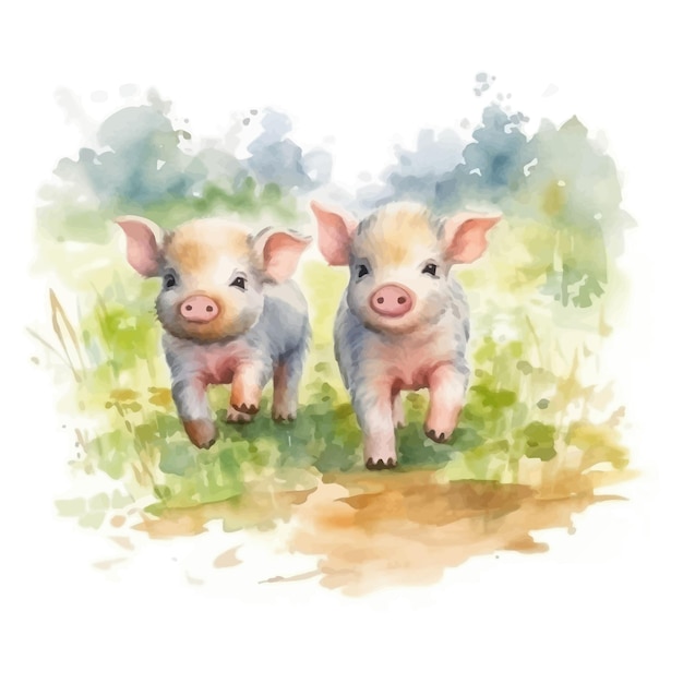 Plik wektorowy kreskówka ładny dwie świnie w stylu akwareli