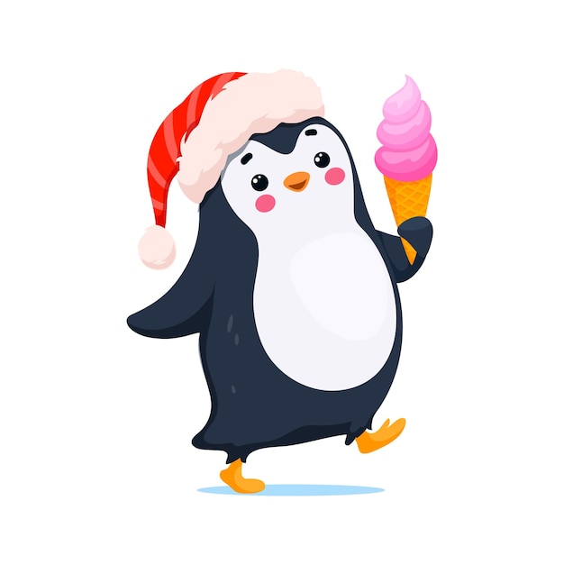 Plik wektorowy kreskówka, ładny, zabawny pingwin w kapeluszu świętego mikołaja, cieszący się smacznym poczęstunkiem z lodami. odizolowany wektor uroczy pisklę z smacznym deserem świętuje boże narodzenie. zabawna i urocza osobistość