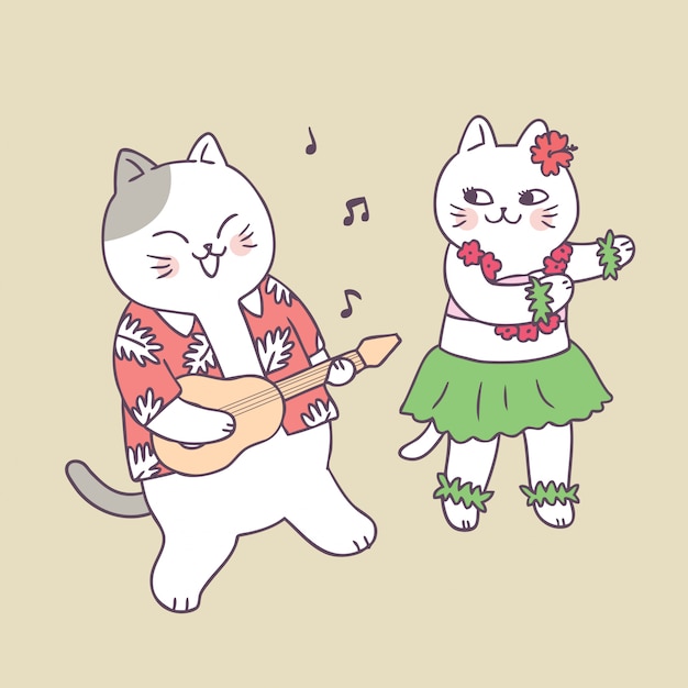 Kreskówka Lato ładny Kot Bawić Się Gitarę I Tana