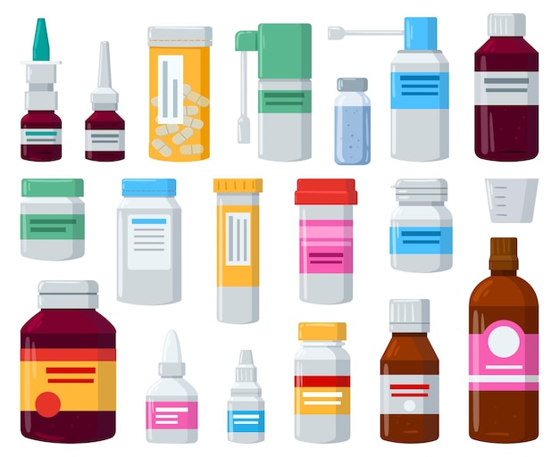 Kreskówka leki medyczne pojemniki na pigułki lub witaminy plastikowe butelki pojemniki farmaceutyczne z kapsułkami środki przeciwbólowe witaminy wektor zestaw ilustracji Butelki lecznicze elementy opieki zdrowotnej