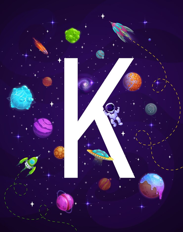 Wektor kreskówka litera k z wektorami planet astronauta i rakiety alfabet dla dzieci plakat typograficzny z tłem galaktyki gwiazdy biały znak abc statki kosmiczne ufo i kosmonauta komety i droga mleczna