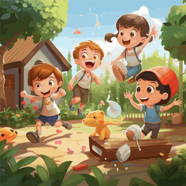 Kreskówka małe dzieci bawiące się w ogrodzie tło wektor ilustracja