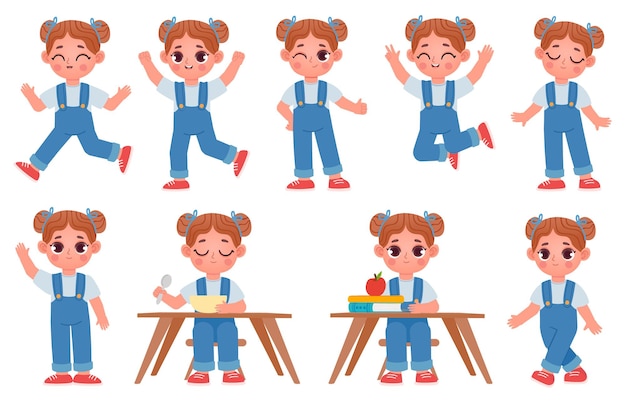 Plik wektorowy kreskówka małe dziecko dziewczynka znaków pozy i wyrażeń. dziecko w wieku szkolnym siedzieć przy stole z książkami. słodkie dziewczyny chodzą, biegają, skaczą i jedzą zestaw wektorowy
