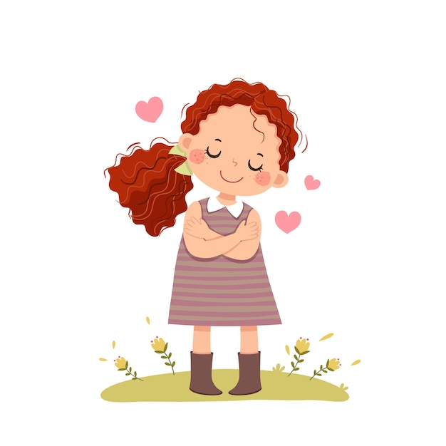 kreskówka małej dziewczynki czerwone kręcone włosy przytulanie się. Kochaj siebie koncepcji.