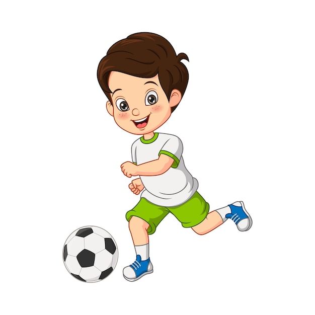 Kreskówka mały chłopiec gra w piłkę nożną