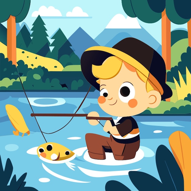 Plik wektorowy kreskówka mały chłopiec łowiący ryby w rzece ilustracja wektorowa
