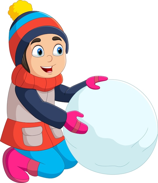 Plik wektorowy kreskówka mały chłopiec w zimowe ubrania z dużą śnieżką