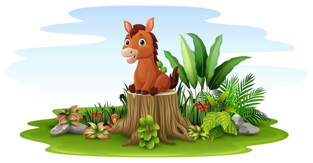Kreskówka Mały Koń Siedzi Na Pniu Drzewa
