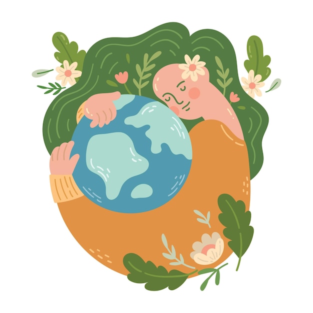 Kreskówka matka ziemia koncepcja Doodle ilustracja, ekologia, środowisko, przejdź na zielono