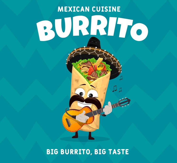 Wektor kreskówka meksykański burrito mariachi muzyk postać z gitarą wektor promocyjny baner dla restauracji z jedzeniem tex mex z zabawnym wąsatym latynoskim posiłkiem osobistość nosi sombrero grając na tradycyjnym gitarze
