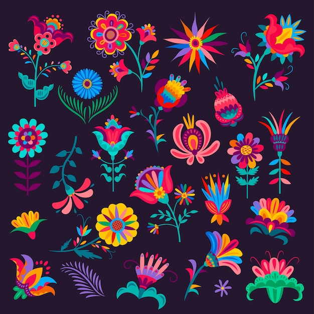 Kreskówka Meksykańskie Kwiaty, Pąki I Kwiaty, Rośliny Wektorowe Z Kolorowymi Płatkami I łodygami, Elementy Dla Meksyk Day Of Dead Dia De Los Muertos Lub Cinco De Mayo Festival Floral Design Na Białym Tle Zestaw