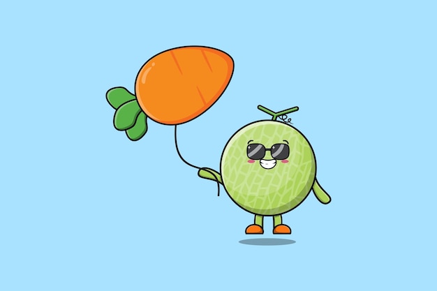 Kreskówka melon unoszący się z balonem z marchwi w płaskiej kreskówki wektor ikona ilustracja