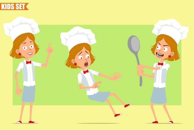 Plik wektorowy kreskówka mieszkanie zabawny mały kucharz kucharz dziewczyna postać w białym mundurze i kapeluszu piekarza. dziecko trzyma dużą łyżkę i spada.
