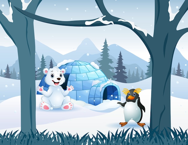 Kreskówka Niedźwiedzia Polarnego I Pingwina W Pobliżu Domu Igloo