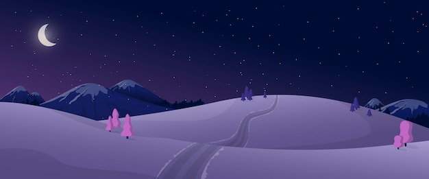 Kreskówka Panoramiczny Widok Natury Zimowej Nocy W Kolorach Czarnym I Fioletowym.