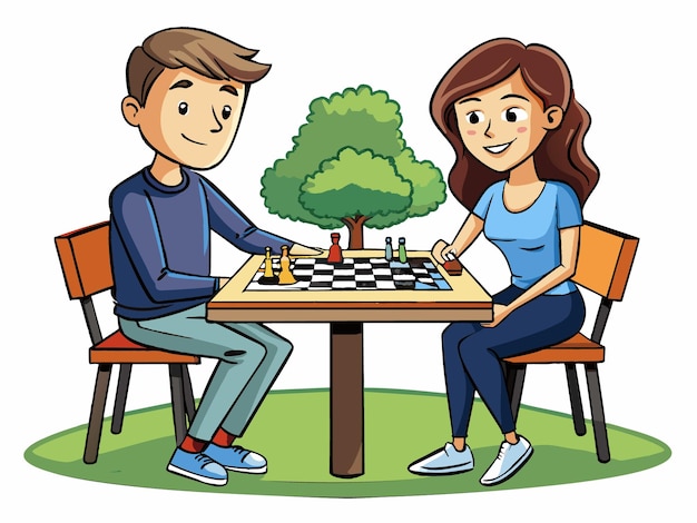 Plik wektorowy kreskówka pary grającej razem w szachy