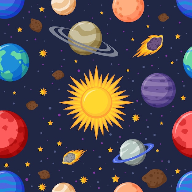 kreskówka planet i słońca z gwiazdą na szczycie