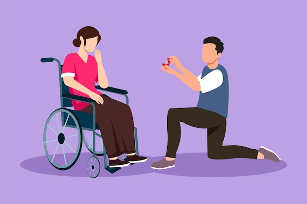 Plik wektorowy kreskówka płaski rysunek młody człowiek stoi na kolanach z pierścionkiem zaręczynowym w rękach przed niepełnosprawną kobietą siedzącą na wózku inwalidzkim kochającą relacje osoba małżeństwo projekt graficzny ilustracja wektorowa