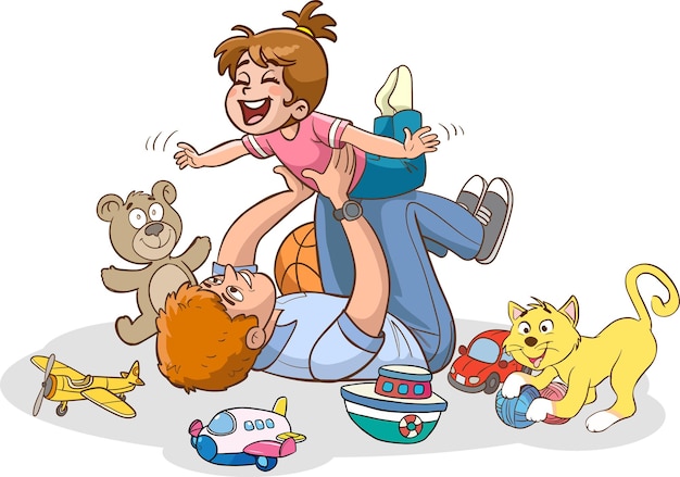 Plik wektorowy kreskówka przedstawiająca dziewczynkę bawiącą się zabawkami i mężczyznę bawiącego się z dziewczyną.