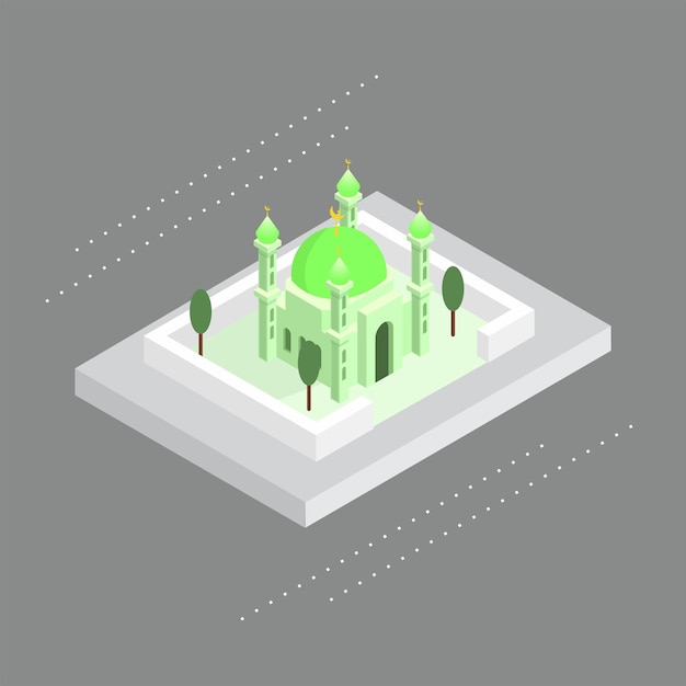 Plik wektorowy kreskówka przedstawiająca meczet z zielonym dachem i drzewami na szczycie