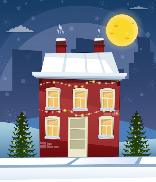 Plik wektorowy kreskówka retro wesołych świąt bożego narodzenia ilustracja miasto domy fasady krajobraz plakat vintage święty mikołaj jelenie.