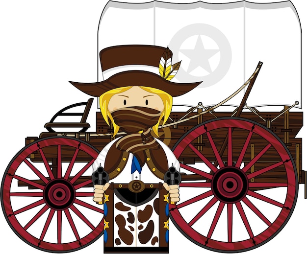 Kreskówka rewolwerowiec z dzikiego zachodu Cowgirl z zachodnim stylem Chuck Wagon