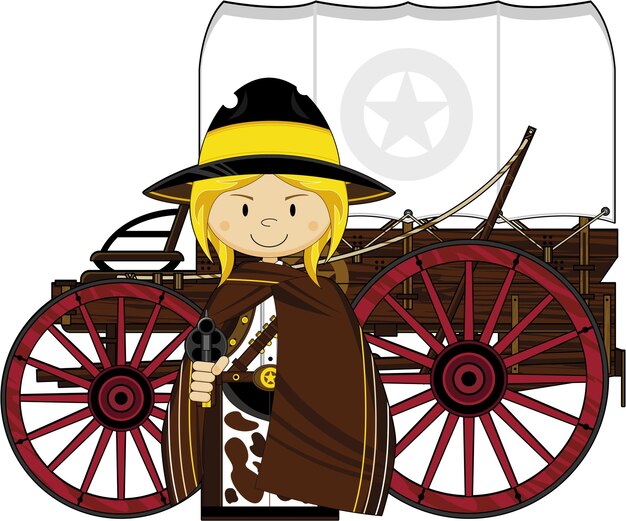 Kreskówka rewolwerowiec z dzikiego zachodu kowbojka w poncho z zachodnim stylem Chuck Wagon