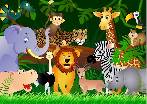 Kreskówka Safari Zwierząt Z Tłem Lasu