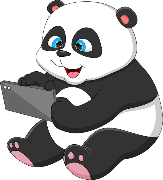 Kreskówka śliczna Panda Trzymająca Tablet Z Telefonem