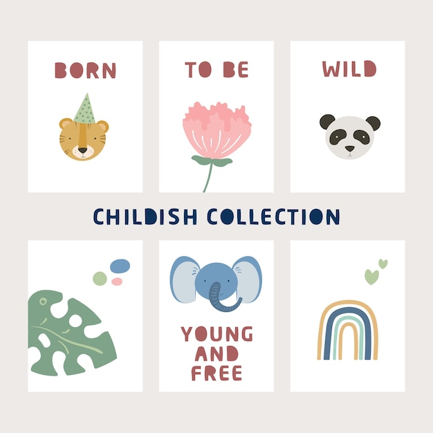 Plik wektorowy kreskówka słodkie zwierzęta kolekcja kart dla dzieci z tekstem