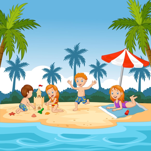 Kreskówka szczęśliwe dzieci bawiące się na plaży