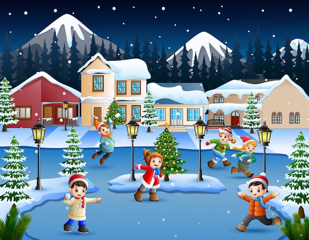Plik wektorowy kreskówka szczęśliwy dzieciak bawić się w snowing wiosce