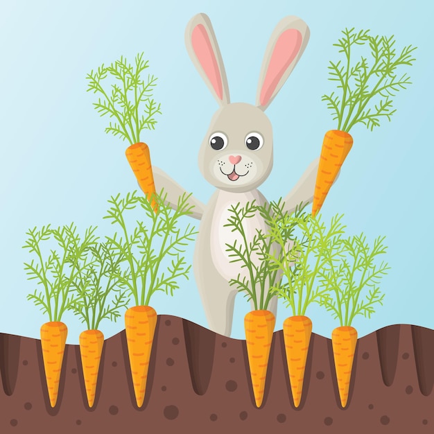 Plik wektorowy kreskówka szczęśliwy królik, królik lub zając zbiera marchewki z ziemi. płaski styl dzieci.