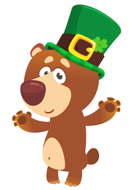 Plik wektorowy kreskówka szczęśliwy niedźwiedź na sobie kapelusz świętego patryka z koniczyną