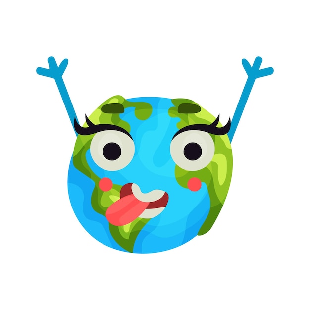 Kreskówka Szczęśliwy Ziemi Planeta Emoji Podnosząc Ręce, Humanizowany Charakter Glob Z Emocjami Kolorowy Wektor Ilustracja Na Białym Tle