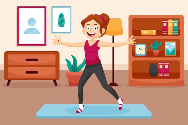 Kreskówka taniec fitness w domu ilustracja z ludźmi