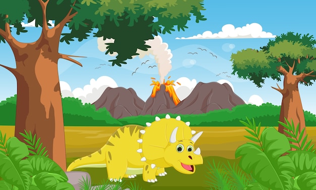kreskówka Triceratops z wulkanem w tle
