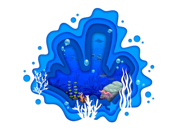 Plik wektorowy kreskówka tropikalne morze wycięte z papieru podwodny krajobraz z rybami i wektorem manty