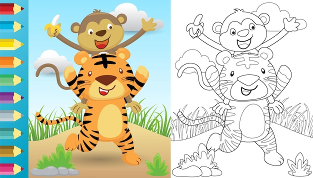 Kreskówka Tygrysa Niosącego Małpę Na Ramionach, Kolorowanka Lub Strona