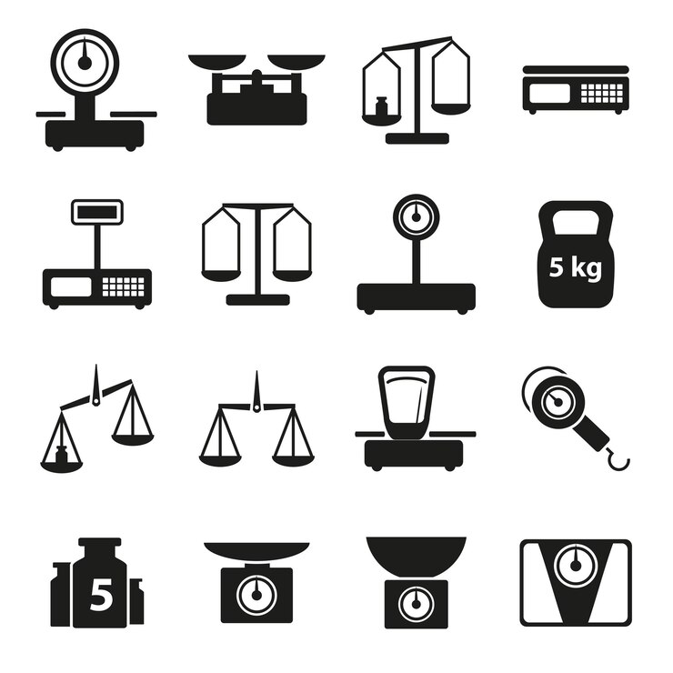 Kreskówka wagi wagi sylwetka czarne ikony zestaw Symbol sprawiedliwości lub koncepcja rynku Płaska konstrukcja stylu Ilustracja wektorowa symbolu ważenia