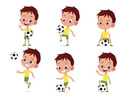Plik wektorowy kreskówka wektor ilustracja chłopca dzieciaka grającego w piłkę nożną w wielu pozach pasuje do ilustracji dla dzieci o tematyce sportowej