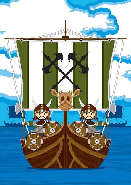 Plik wektorowy kreskówka wojownicy wikingów na ilustracji historii nordyckiej longboat